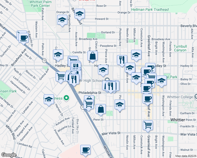 map of restaurants, bars, coffee shops, grocery stores, and more near 12299 Bailey Street in Whittier