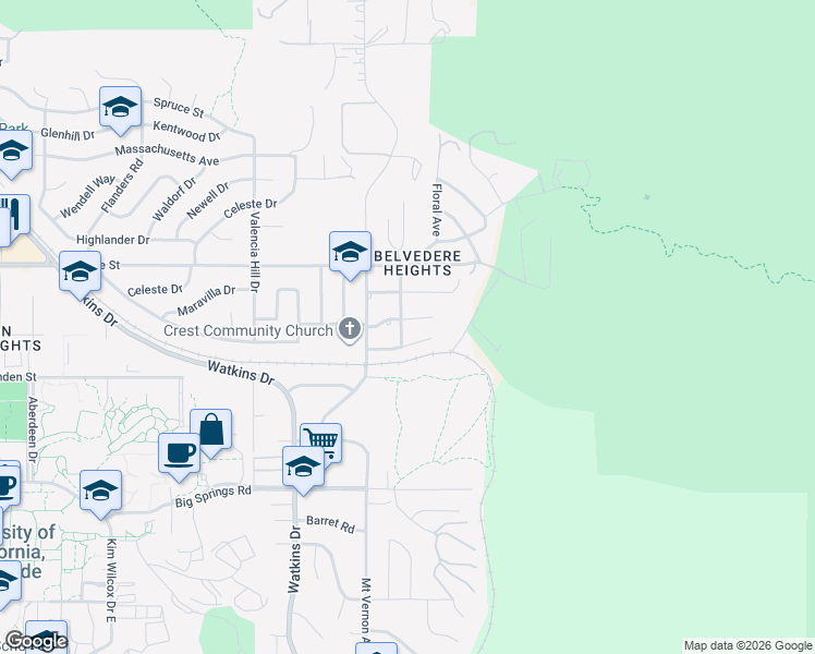 map of restaurants, bars, coffee shops, grocery stores, and more near 3420 Maricopa Drive in Riverside
