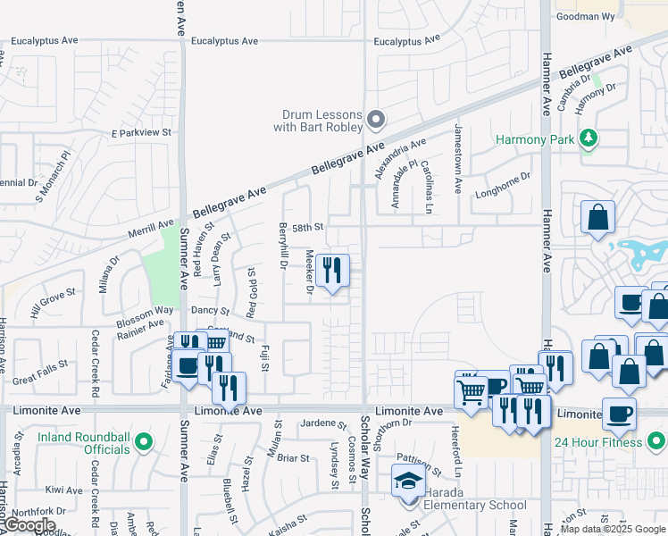 map of restaurants, bars, coffee shops, grocery stores, and more near 5936 Silveira Street in Eastvale
