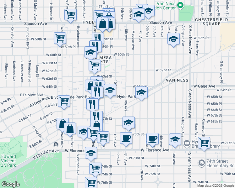 map of restaurants, bars, coffee shops, grocery stores, and more near 6432 10th Avenue in Los Angeles