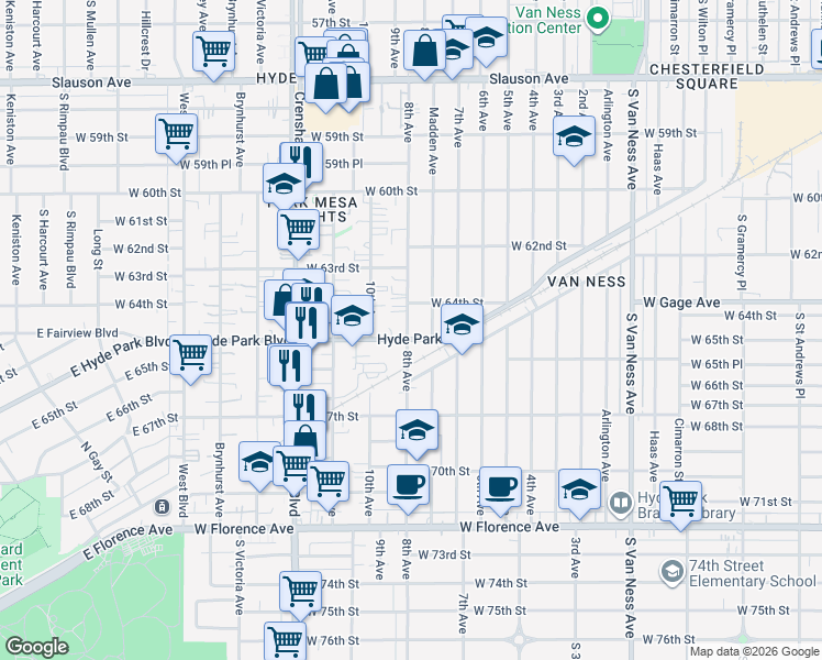 map of restaurants, bars, coffee shops, grocery stores, and more near 6427 Madden Avenue in Los Angeles