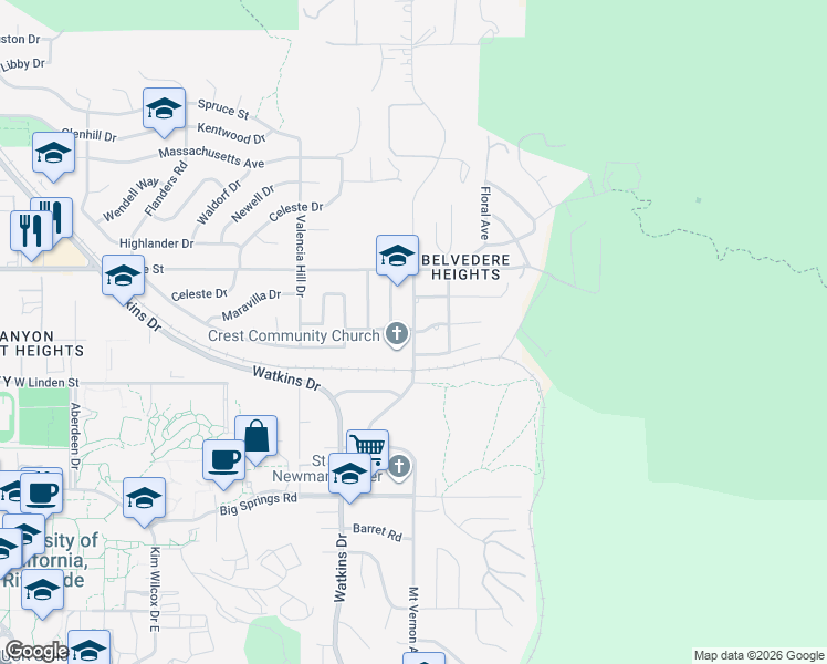 map of restaurants, bars, coffee shops, grocery stores, and more near 2 East Shady Grove Drive in Riverside