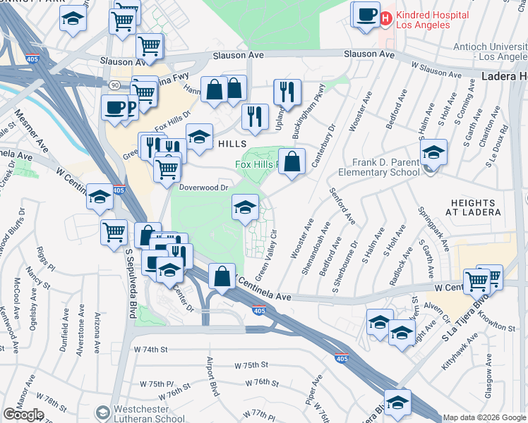 map of restaurants, bars, coffee shops, grocery stores, and more near 6305 Green Valley Circle in Culver City