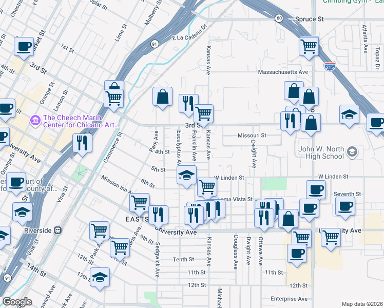 map of restaurants, bars, coffee shops, grocery stores, and more near 3409 Franklin Avenue in Riverside