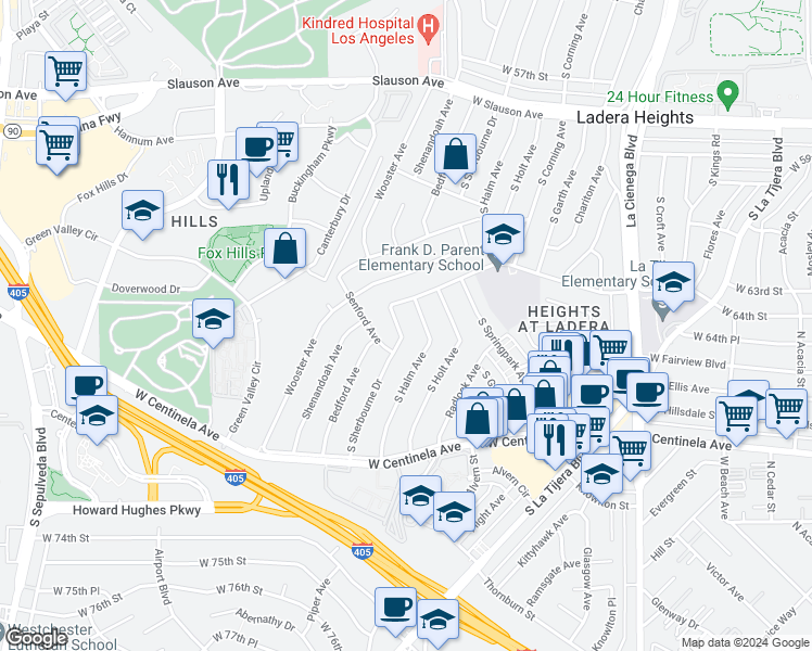 map of restaurants, bars, coffee shops, grocery stores, and more near 6430 South Sherbourne Drive in Los Angeles