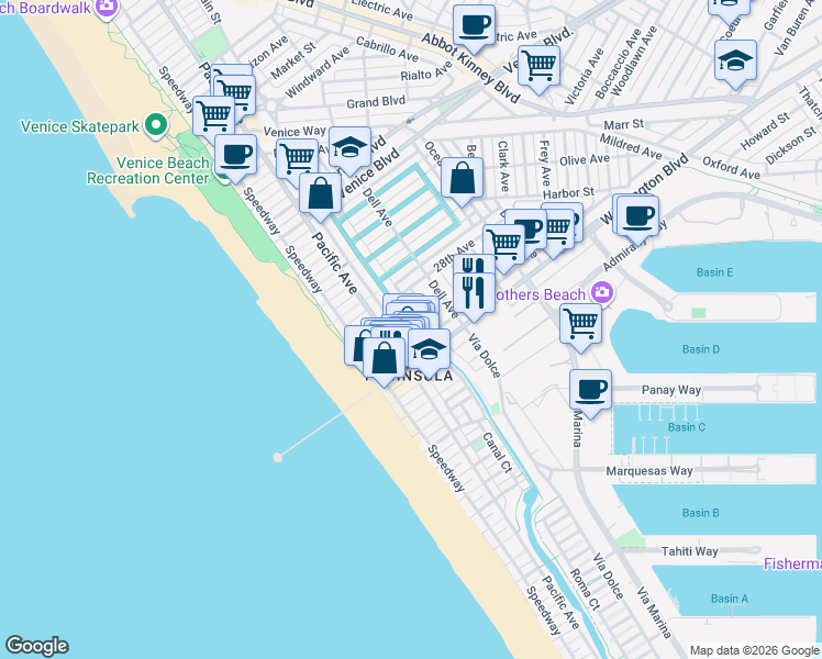 map of restaurants, bars, coffee shops, grocery stores, and more near 3000 Grand Canal in Los Angeles