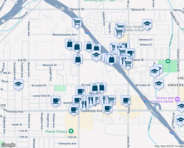 map of restaurants, bars, coffee shops, grocery stores, and more near 1550 3rd Street in Riverside