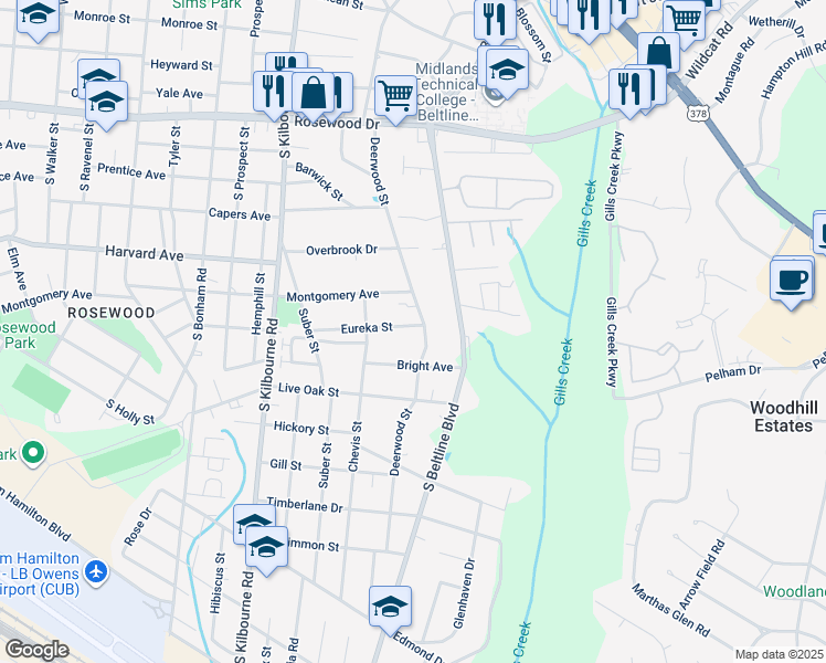 map of restaurants, bars, coffee shops, grocery stores, and more near 3938 Eureka Street in Columbia