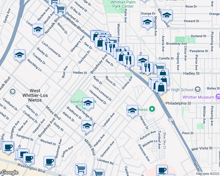 map of restaurants, bars, coffee shops, grocery stores, and more near 11527 Keith Drive in Whittier
