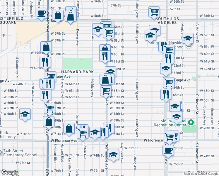 map of restaurants, bars, coffee shops, grocery stores, and more near 6411 Normandie Avenue in Los Angeles
