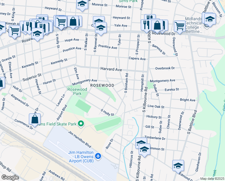 map of restaurants, bars, coffee shops, grocery stores, and more near 731 South Ott Road in Columbia