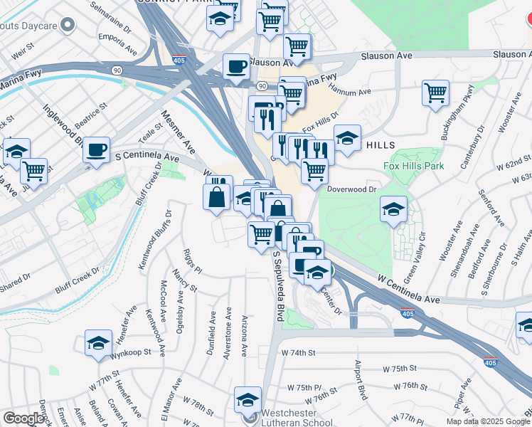 map of restaurants, bars, coffee shops, grocery stores, and more near West Centinela Avenue & Sepulveda Boulevard in Culver City
