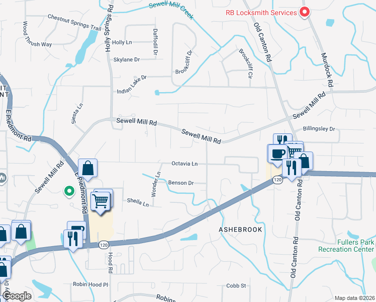 map of restaurants, bars, coffee shops, grocery stores, and more near 1290 Hilton Drive in Marietta