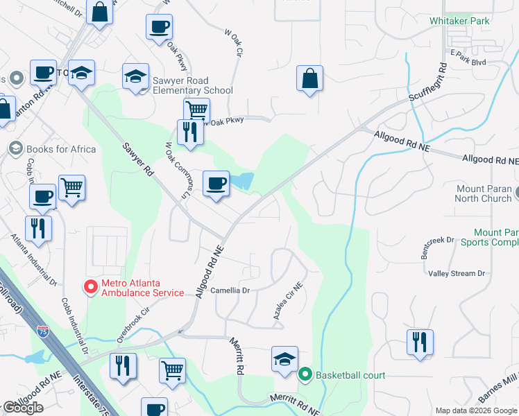 map of restaurants, bars, coffee shops, grocery stores, and more near 1244 Allgood Road Northeast in Marietta