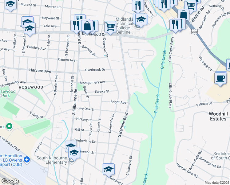 map of restaurants, bars, coffee shops, grocery stores, and more near 3938 Eureka Street in Columbia