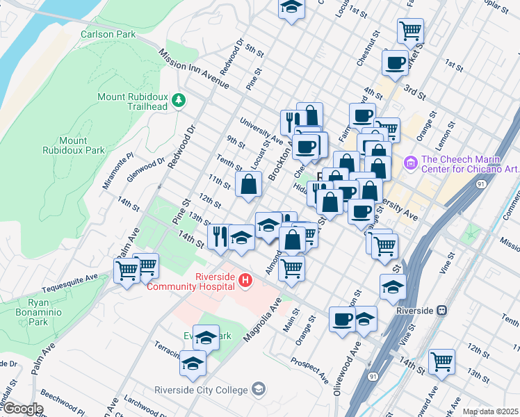 map of restaurants, bars, coffee shops, grocery stores, and more near 4110 Brockton Avenue in Riverside