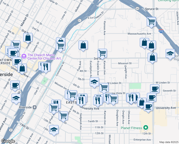 map of restaurants, bars, coffee shops, grocery stores, and more near 3409 Eucalyptus Avenue in Riverside