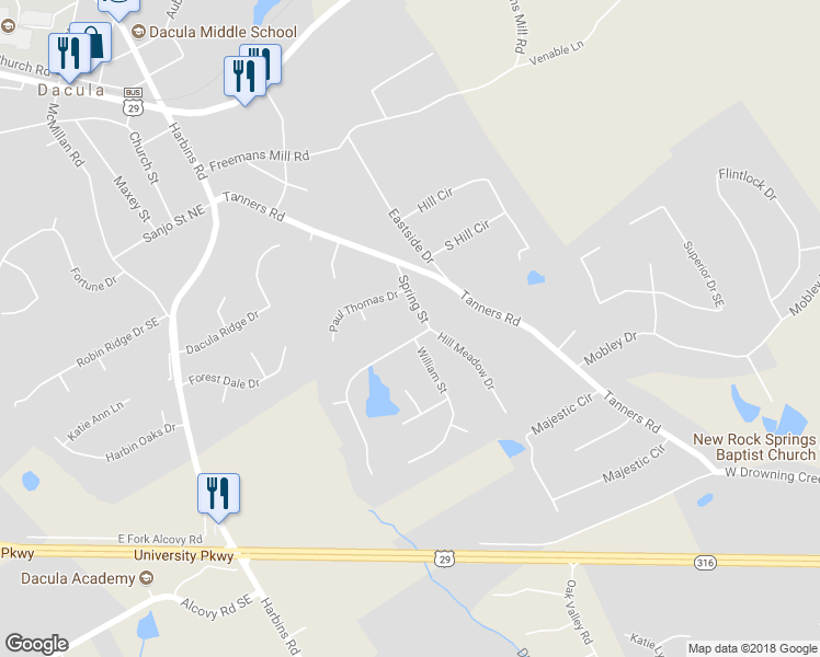 map of restaurants, bars, coffee shops, grocery stores, and more near 2781 Spring Street in Dacula