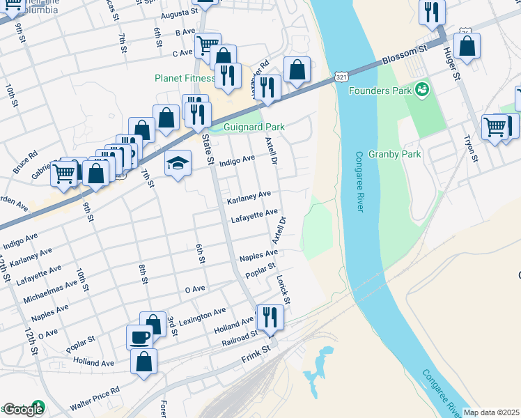 map of restaurants, bars, coffee shops, grocery stores, and more near 400 Lafayette Avenue in Cayce