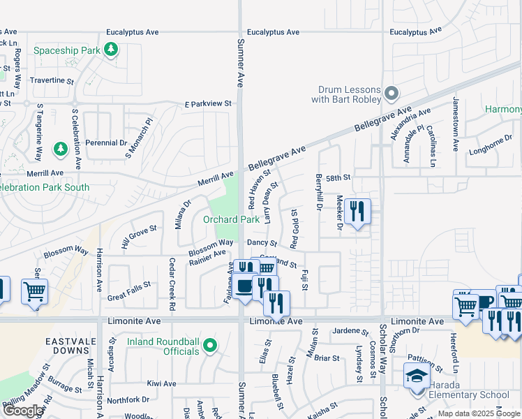 map of restaurants, bars, coffee shops, grocery stores, and more near 5905 Larry Dean Street in Corona