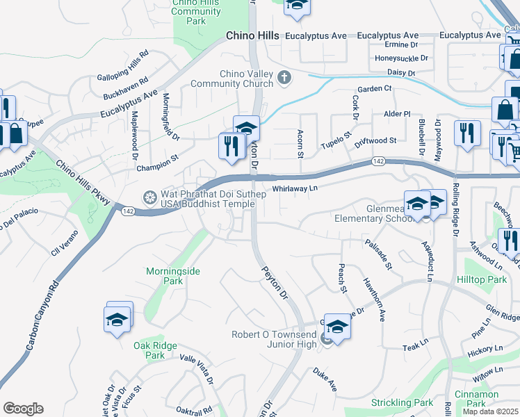 map of restaurants, bars, coffee shops, grocery stores, and more near 14984 Kalan Court in Chino Hills