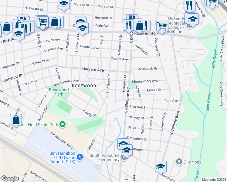 map of restaurants, bars, coffee shops, grocery stores, and more near 801 South Prospect Street in Columbia