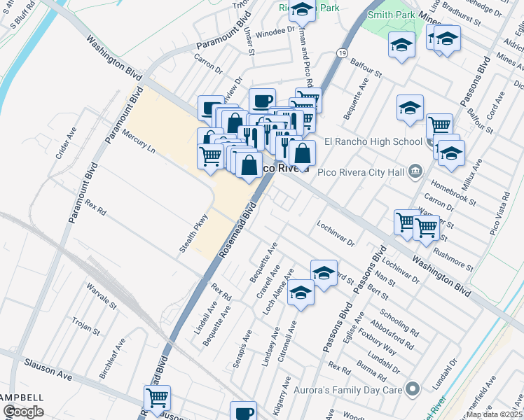 map of restaurants, bars, coffee shops, grocery stores, and more near 7116 Blossom Ct in Pico Rivera