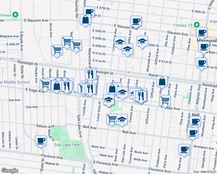 map of restaurants, bars, coffee shops, grocery stores, and more near 6245 Orchard Avenue in Bell