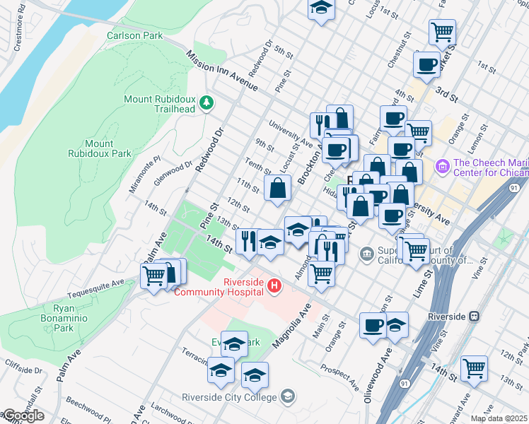 map of restaurants, bars, coffee shops, grocery stores, and more near 4162 Locust Street in Riverside