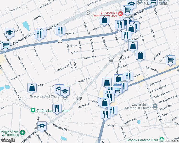 map of restaurants, bars, coffee shops, grocery stores, and more near 321 Chavis Street in West Columbia