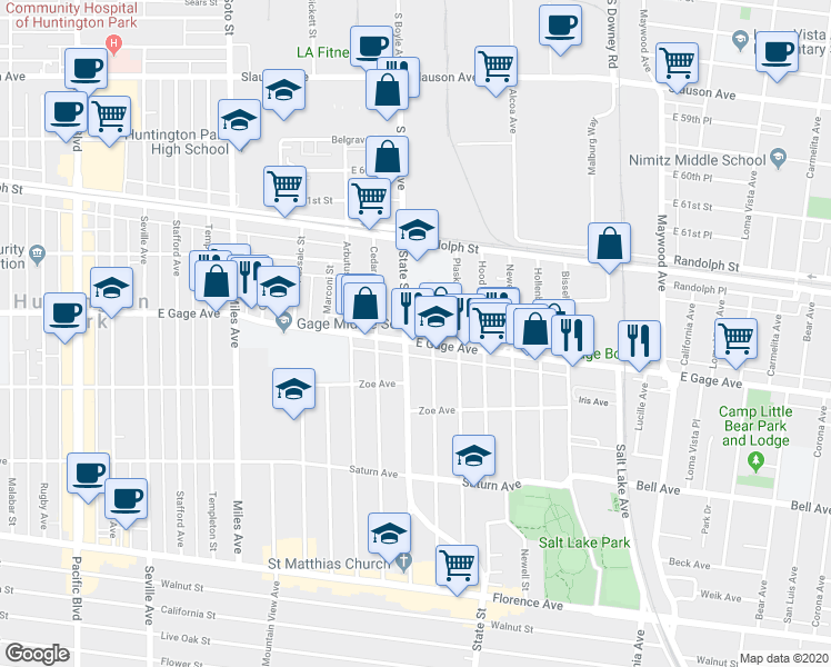 map of restaurants, bars, coffee shops, grocery stores, and more near 3111 East Gage Avenue in Huntington Park