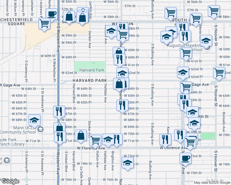 map of restaurants, bars, coffee shops, grocery stores, and more near 1423 West 65th Street in Los Angeles