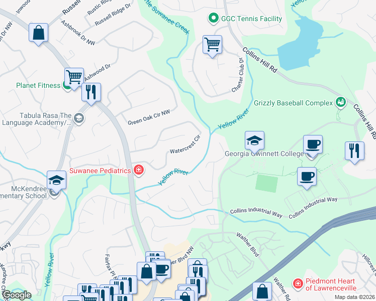 map of restaurants, bars, coffee shops, grocery stores, and more near 1615 Watercrest Circle in Lawrenceville