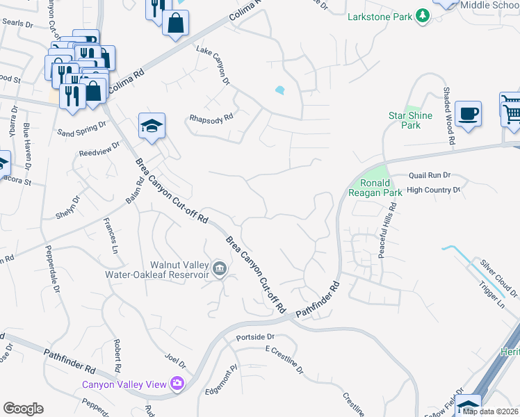 map of restaurants, bars, coffee shops, grocery stores, and more near 20456 Holcroft Drive in Walnut