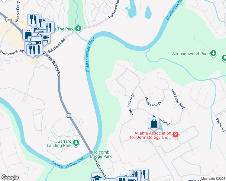 map of restaurants, bars, coffee shops, grocery stores, and more near 6283 Indian Field in Norcross