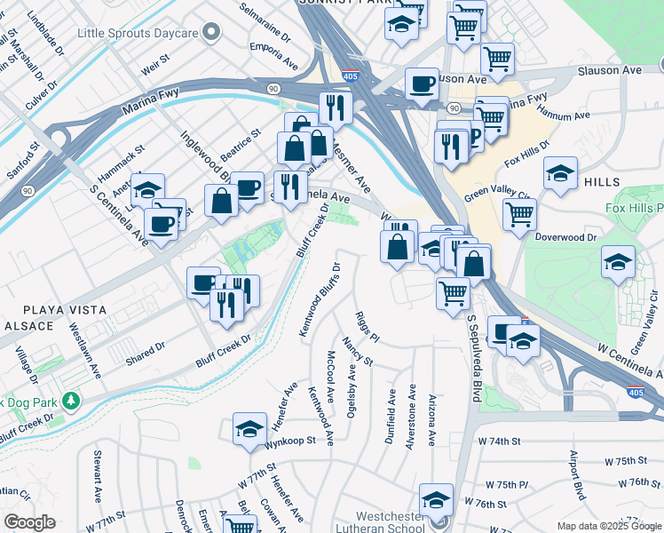 map of restaurants, bars, coffee shops, grocery stores, and more near 6644 Kentwood Bluffs Drive in Los Angeles