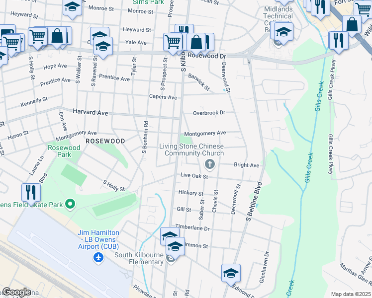 map of restaurants, bars, coffee shops, grocery stores, and more near 15 Cavalier Court in Columbia