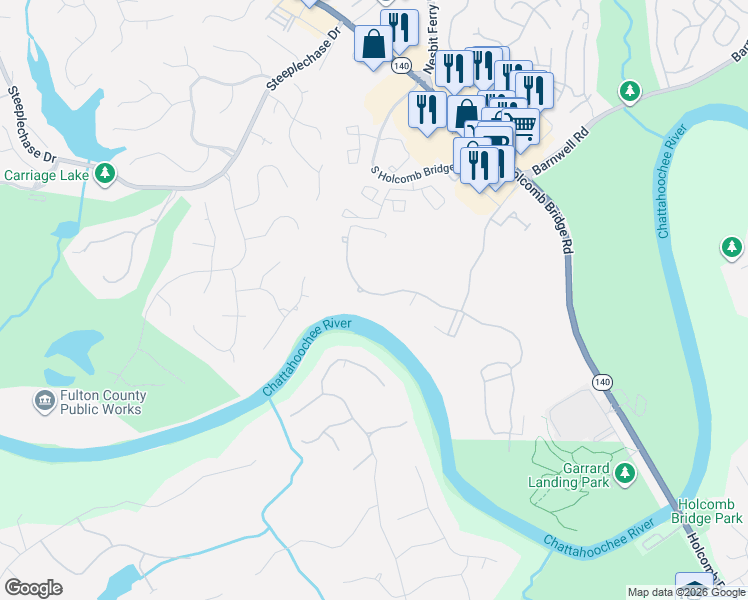 map of restaurants, bars, coffee shops, grocery stores, and more near 3120 West Addison Drive in Alpharetta