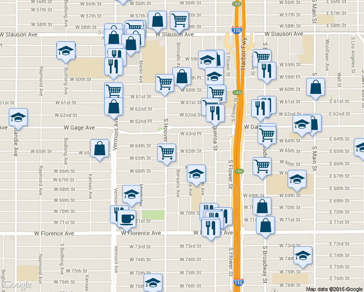 map of restaurants, bars, coffee shops, grocery stores, and more near 6408 Bonsallo Avenue in Los Angeles