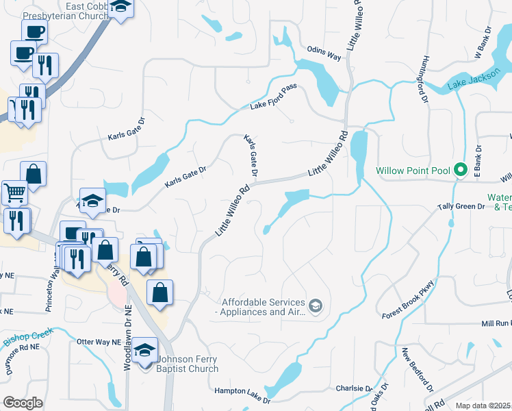 map of restaurants, bars, coffee shops, grocery stores, and more near 1345 Garrick Way in Marietta