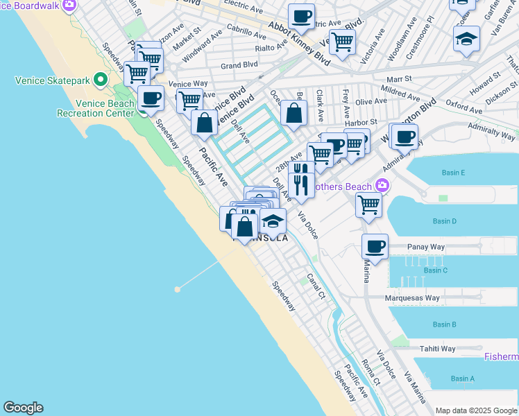 map of restaurants, bars, coffee shops, grocery stores, and more near 2723 Grand Canal in Los Angeles