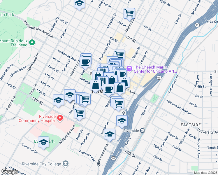 map of restaurants, bars, coffee shops, grocery stores, and more near in Riverside