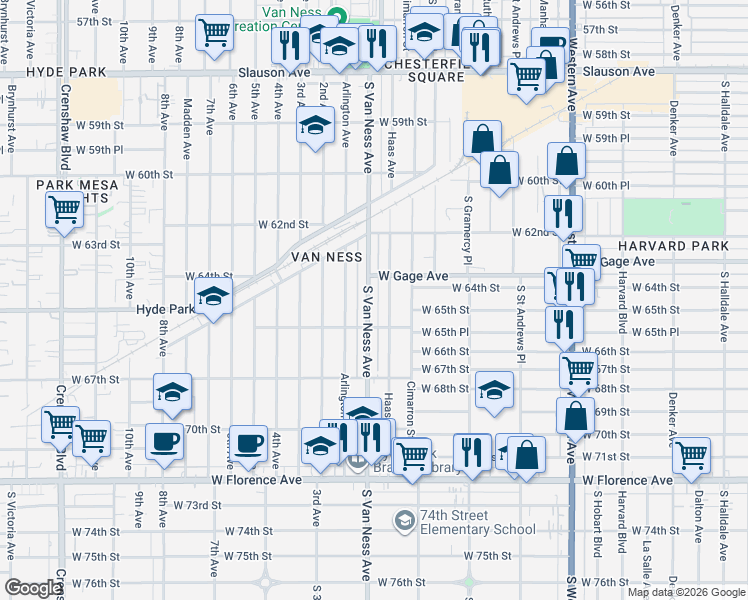 map of restaurants, bars, coffee shops, grocery stores, and more near 6428 South Van Ness Avenue in Los Angeles
