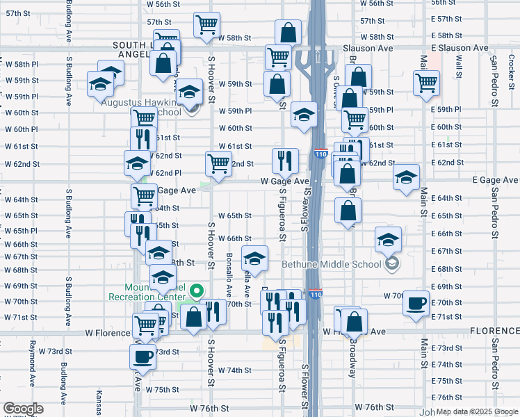 map of restaurants, bars, coffee shops, grocery stores, and more near 6411 Denver Avenue in Los Angeles