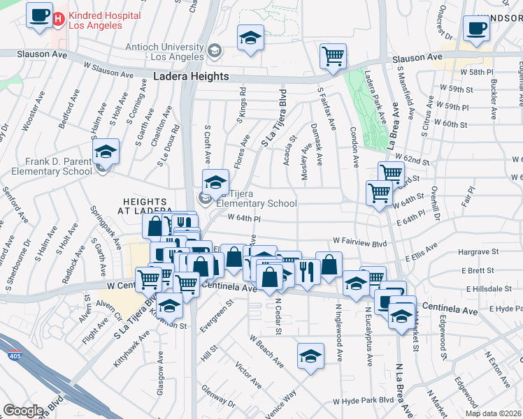 map of restaurants, bars, coffee shops, grocery stores, and more near 448 West 64th Street in Inglewood