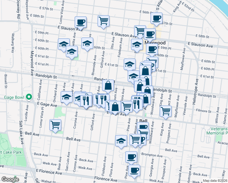 map of restaurants, bars, coffee shops, grocery stores, and more near 6225 Fishburn Avenue in Bell Gardens