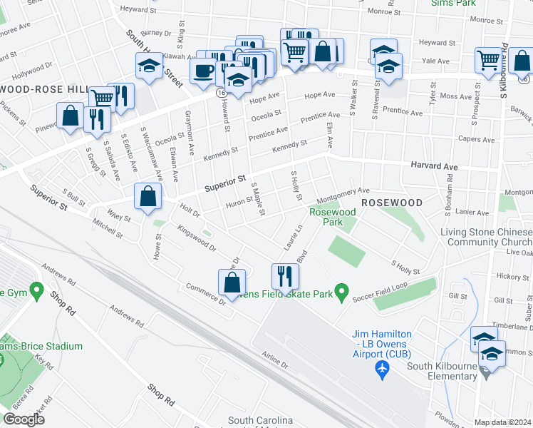 map of restaurants, bars, coffee shops, grocery stores, and more near 818 South Maple Street in Columbia