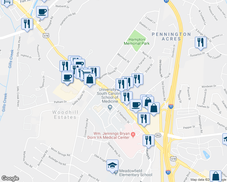map of restaurants, bars, coffee shops, grocery stores, and more near 6306 Garners Ferry Road in Columbia