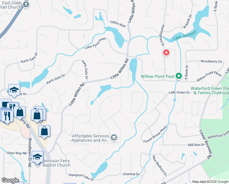 map of restaurants, bars, coffee shops, grocery stores, and more near 1355 Lake Colony Drive in Marietta