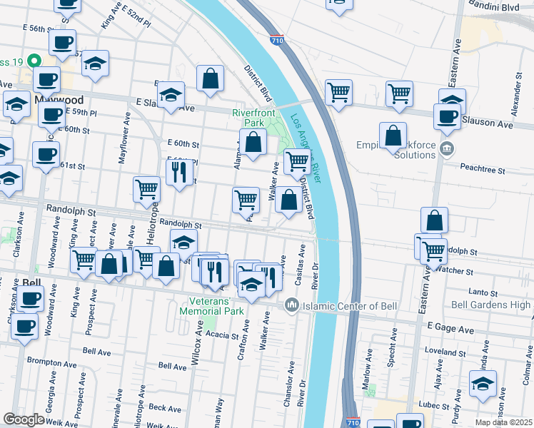 map of restaurants, bars, coffee shops, grocery stores, and more near 6131 Walker Avenue in Maywood